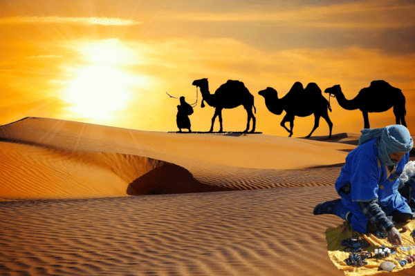 Sahara Desert Scene, with camels in the background