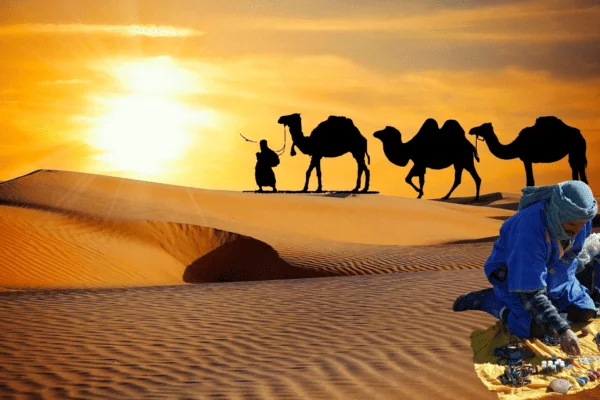 Sahara Desert Scene, with camels in the background
