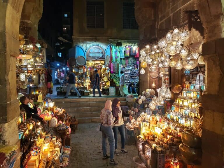 Tho ladies visiting the lamp display at khan el khalili in Cairo