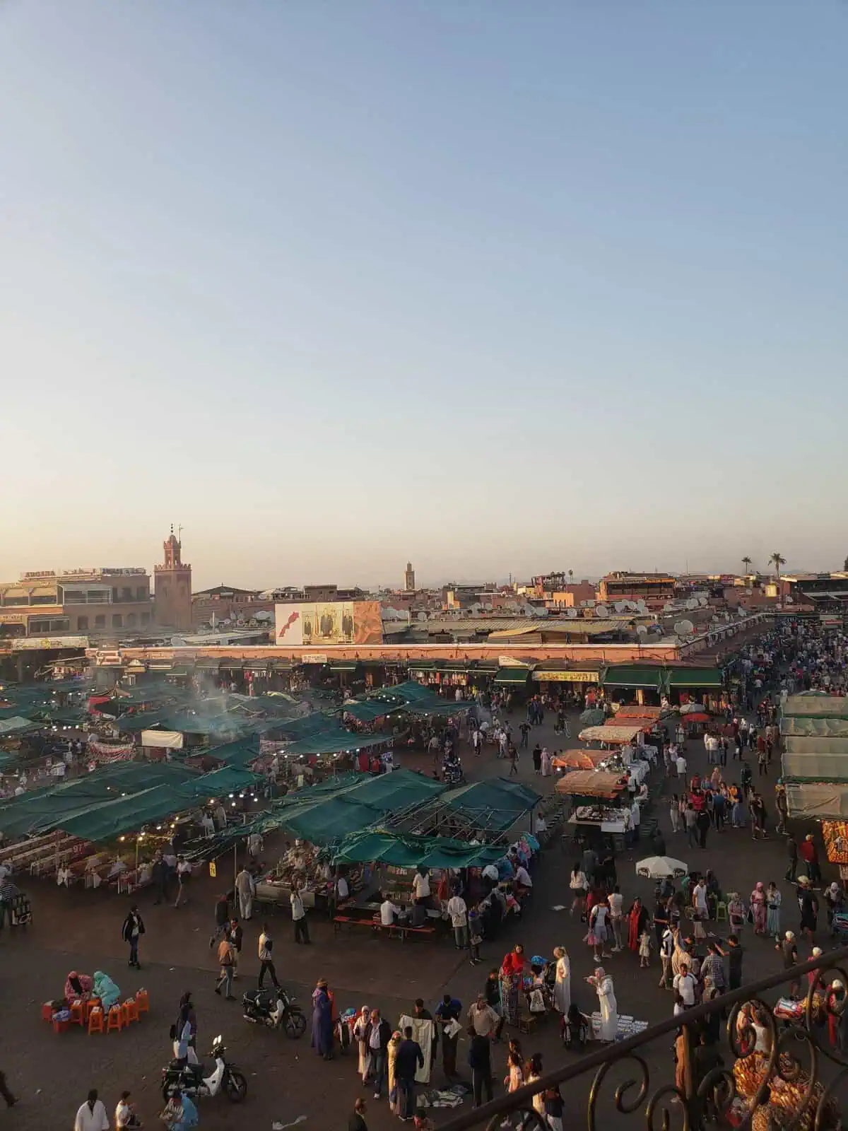 View of the famous square Djemma E; Fnaa in Marrakech, from a Restaurant rooftop!