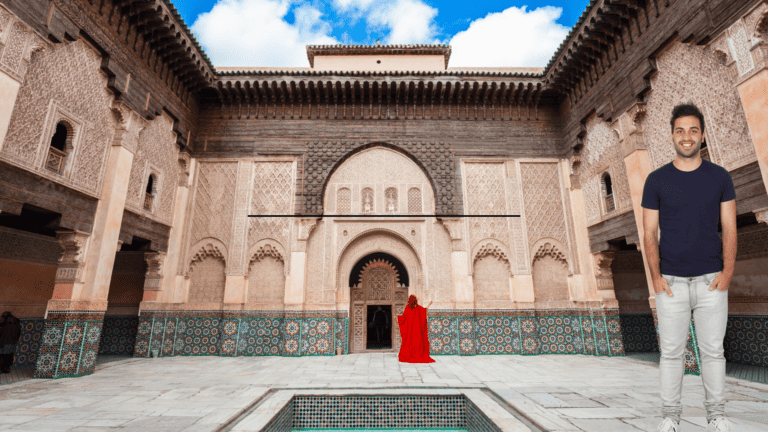 Two people posing at the Ben Youseff Madrassa in Marrakech