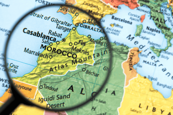 Cartographic Map of the World showing Tangier in Morocco