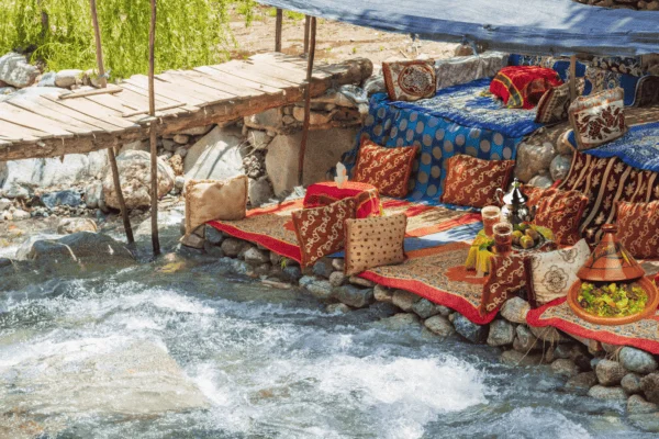 Typical restaurant by the river in Ourika Valley Morocco