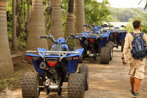 Blue Quad bikes aligned at the marrakech palmeraie,, Morocco