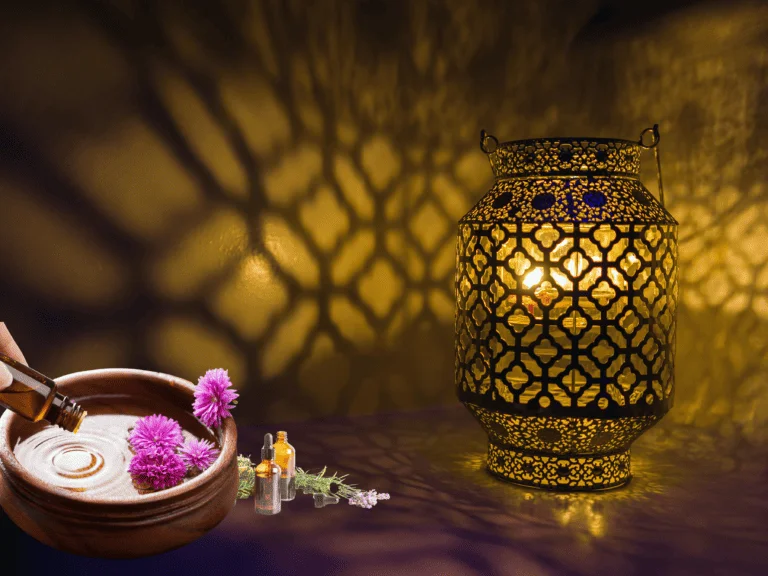 Soothing lamp light and spa elements at a Moroccan hammam